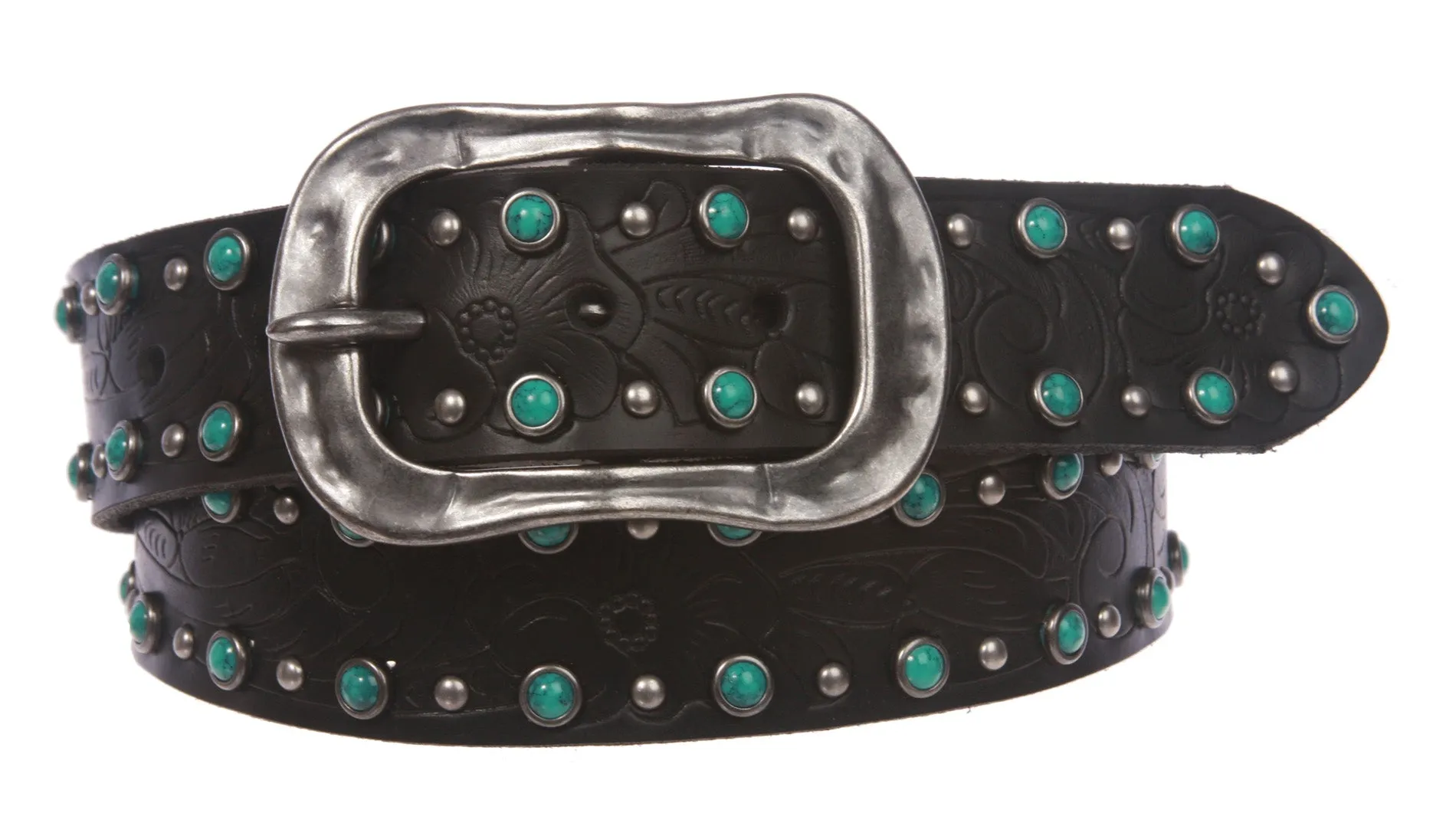 1 1/2" Snap On Floral Engraving Turquoise Studded Leather Belt