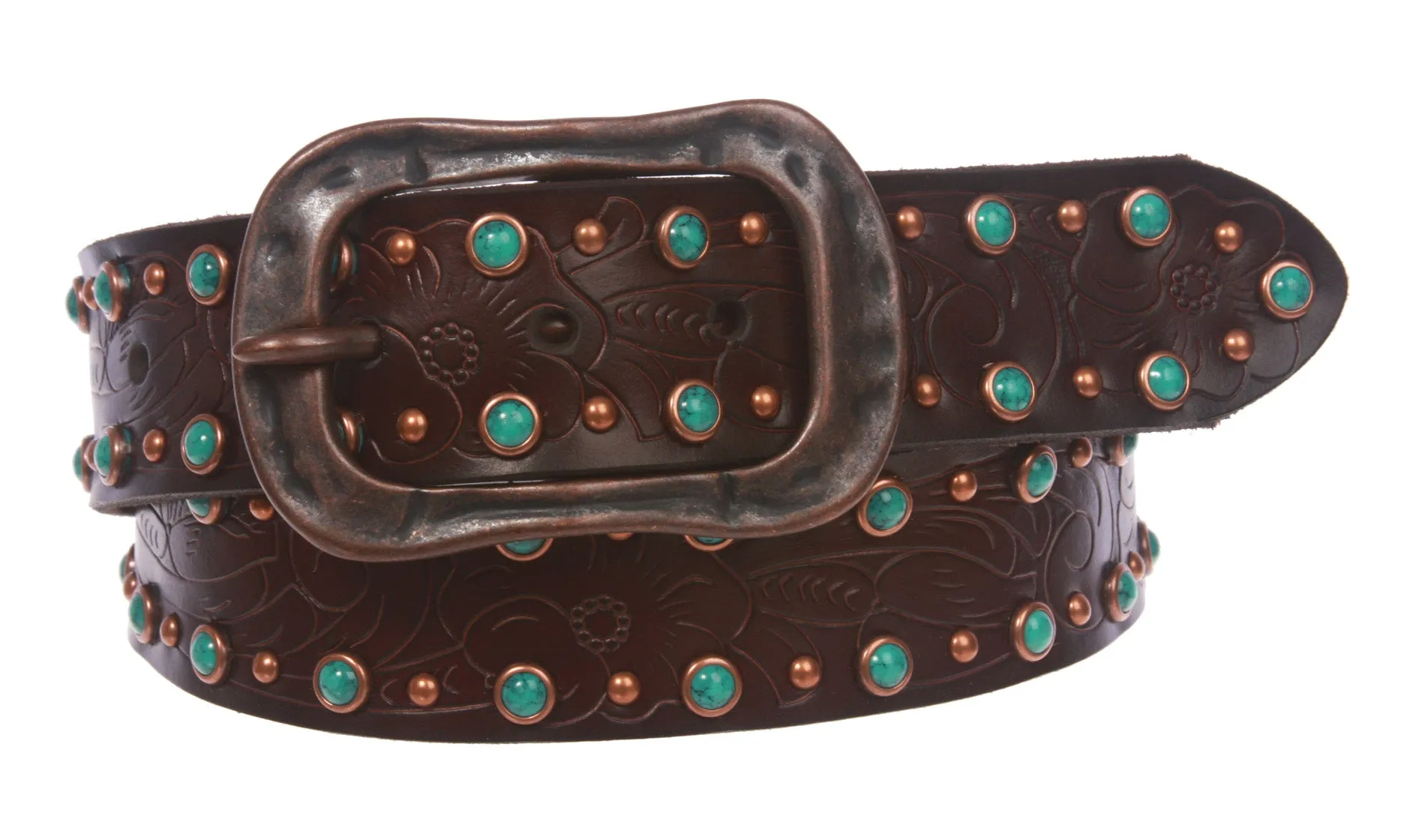 1 1/2" Snap On Floral Engraving Turquoise Studded Leather Belt