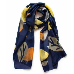 Abstract Floral Silk Scarf  Indigo / Caramel