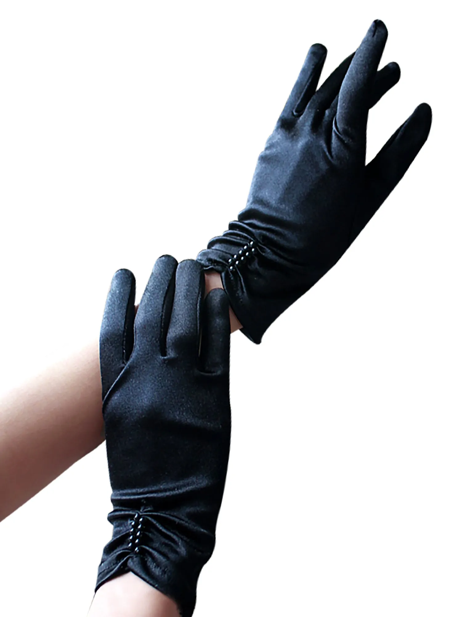 Black Satin Wrist Gloves With Pearls - One Size