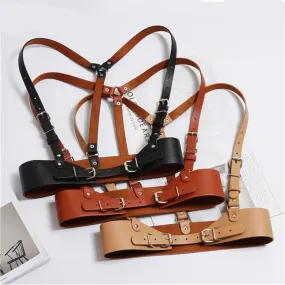 Fashion Women Punk Harajuku O-Ring Garters Faux Leather Body Bondage Cage Sculpting Harness Waisband Straps Suspenders