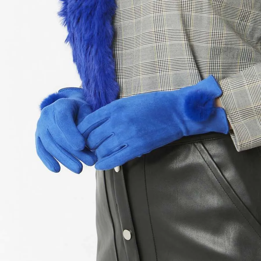 Faux Suede Gloves with Faux Fur Pompom in Blue