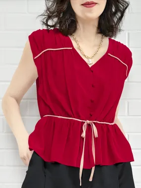 Final Sale! Lipstick Red Ruched Drawstring Waist Silk Blouse