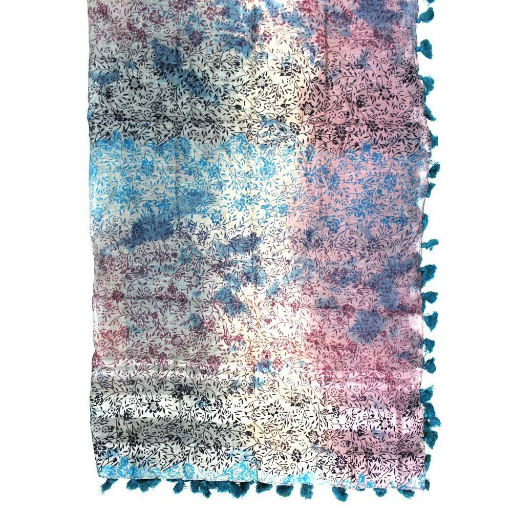 Floral Print Pom Pom Fringe Scarf - Blue/Pink