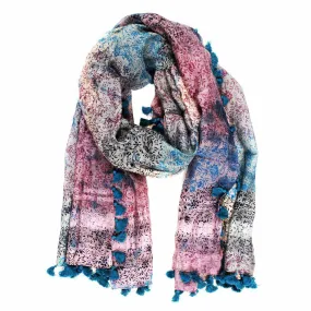 Floral Print Pom Pom Fringe Scarf - Blue/Pink