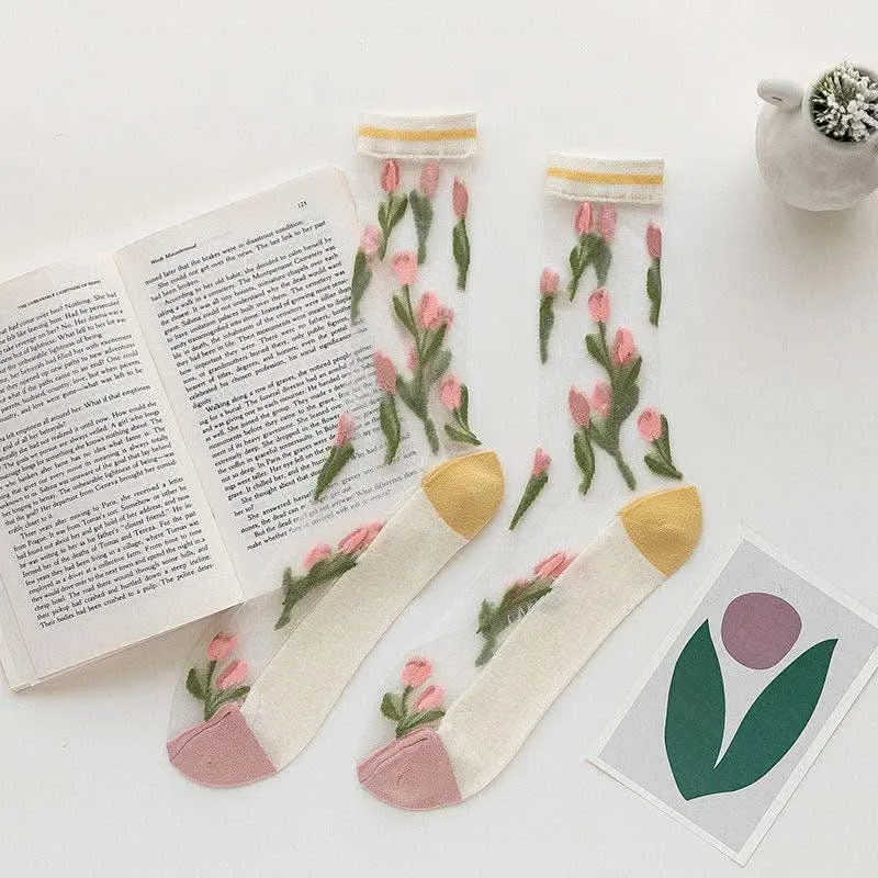 Floral Tulip Rufia Mesh Socks