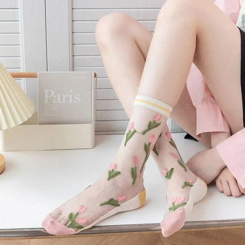 Floral Tulip Rufia Mesh Socks