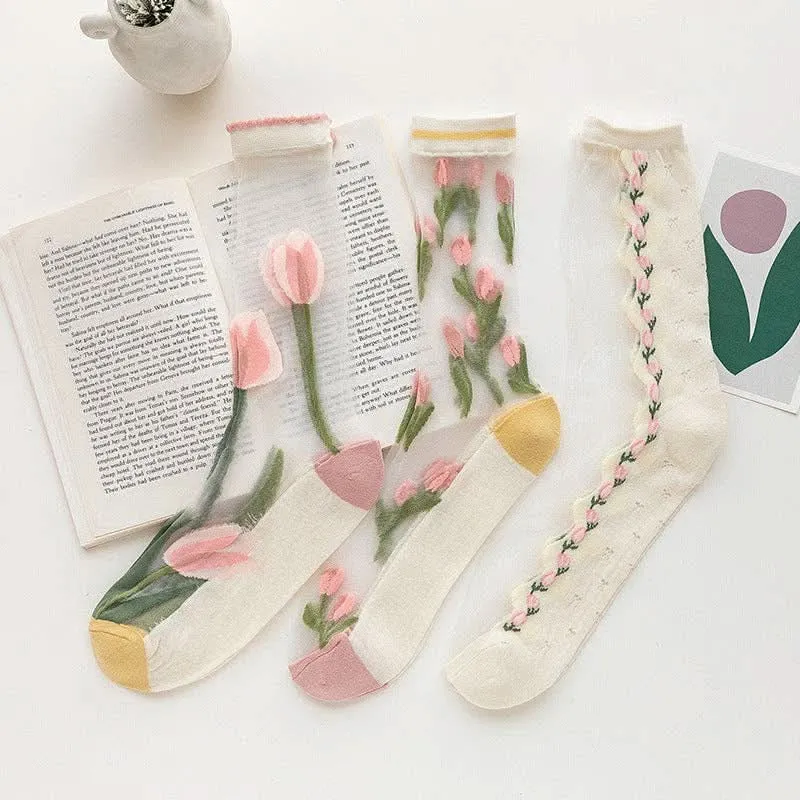 Floral Tulip Rufia Mesh Socks