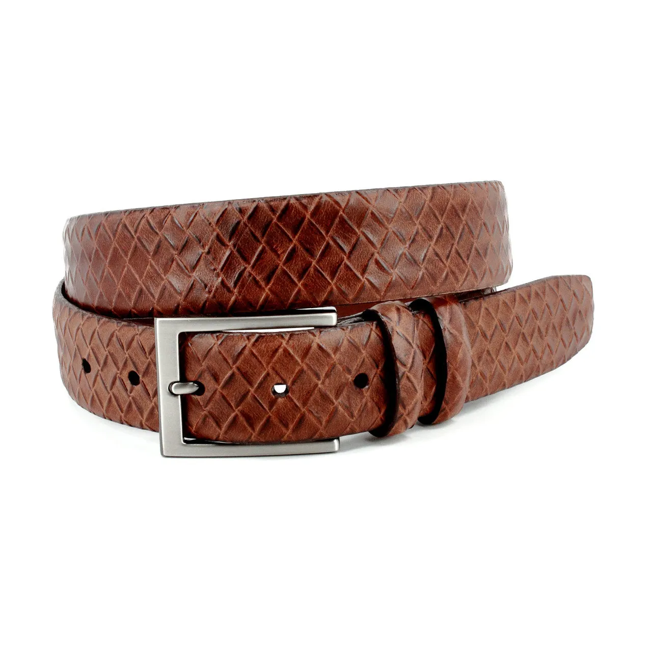 Italian Weave Embossed Calfskin Dress Casual Belt in Cognac by Torino Leather