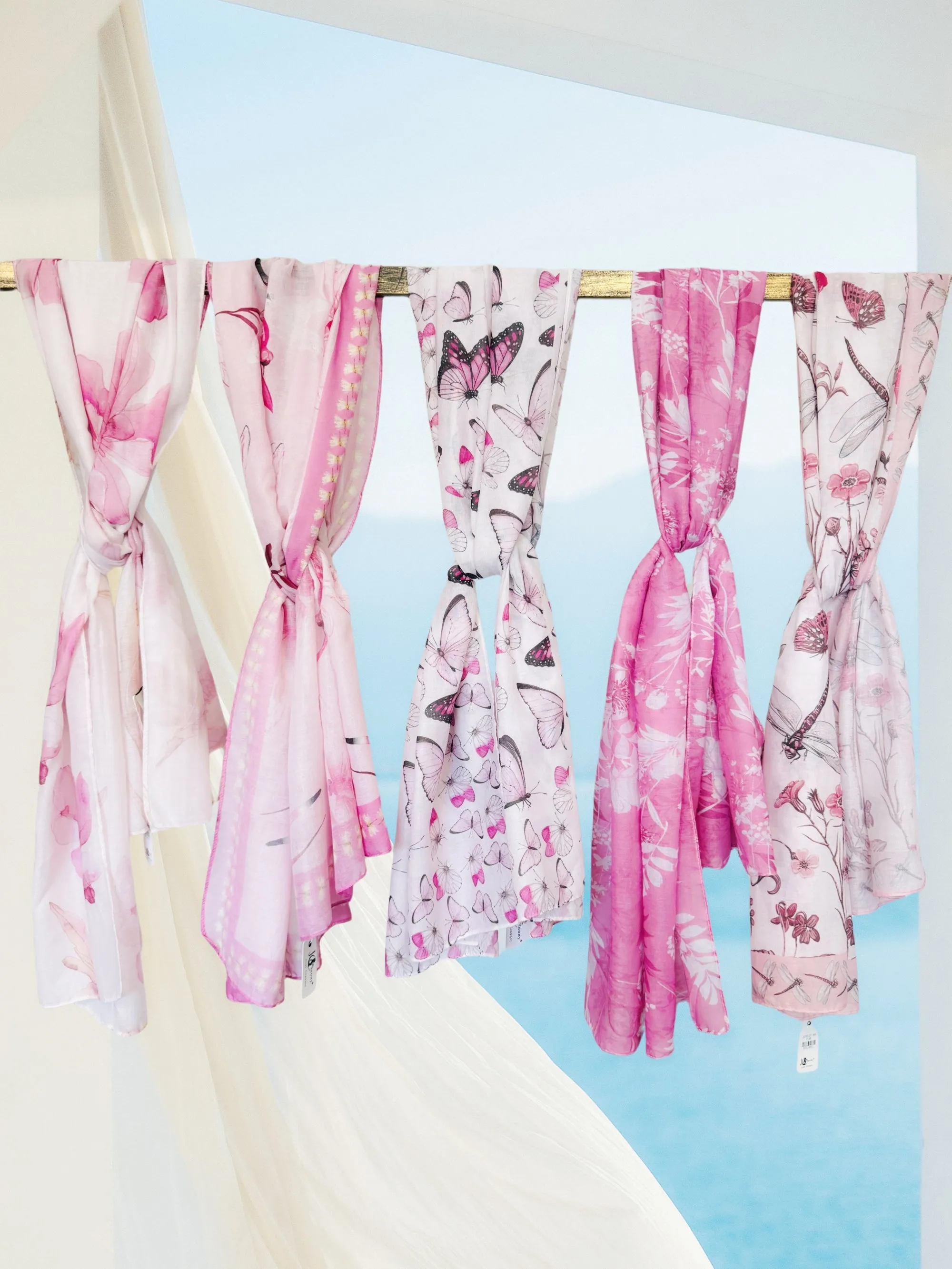 JC071193 Pink-Multi Butterfly Border-Detailed Scarf