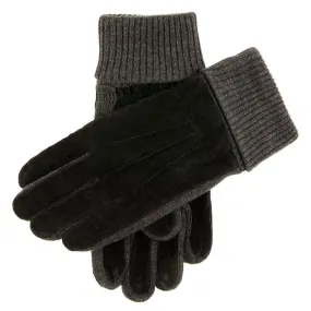 Men's Three-Point Fleece-Lined Suede Gloves with Knitted Cuffs