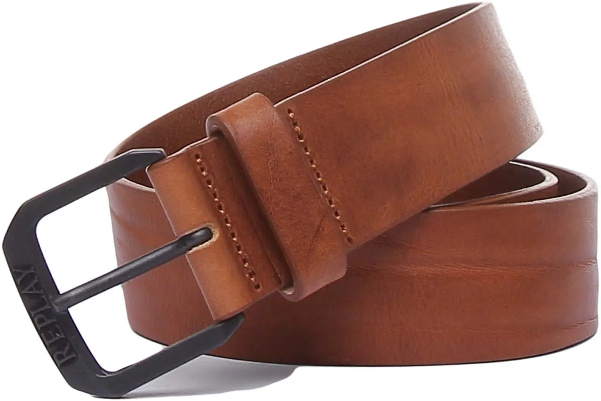 Replay Mens Leather Belt In Tan