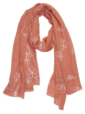 Rose Pink Peach Couture Sheer Soft Cloth Floral Embroidered Flower Summer Shawl Scarf Wrap