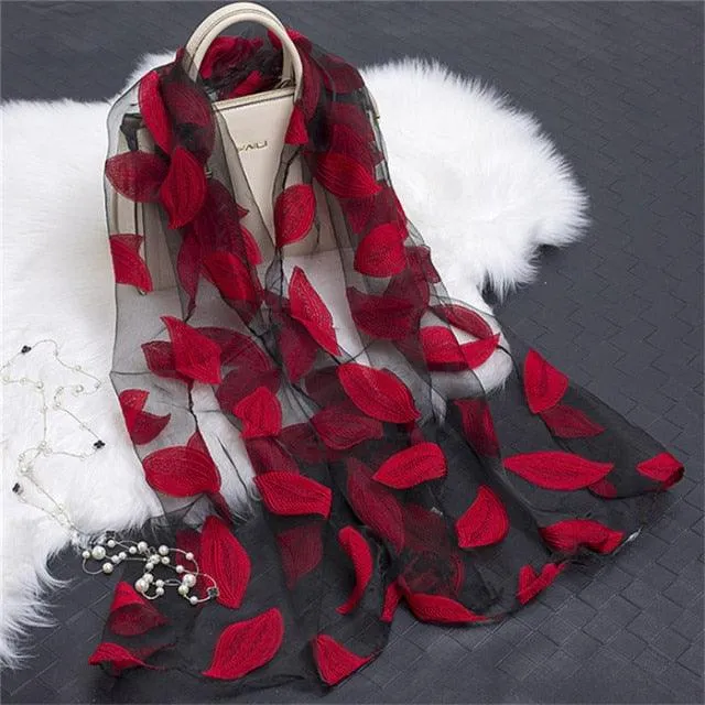 Sheer Wrap Leaves Embroidered Scarves