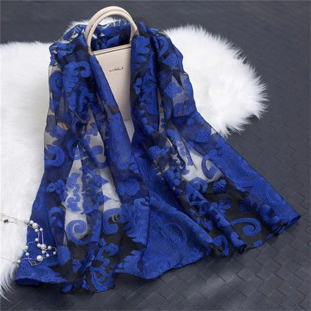 Sheer Wrap Leaves Embroidered Scarves