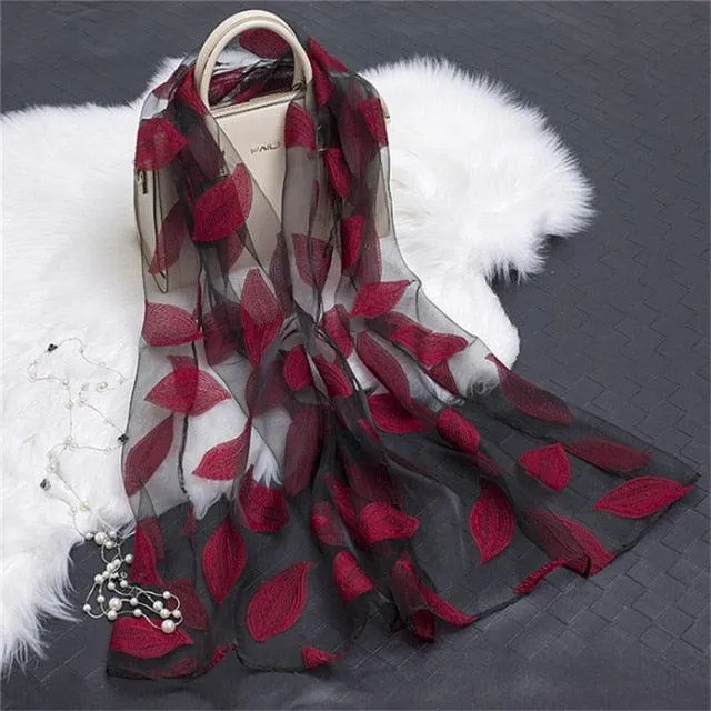 Sheer Wrap Leaves Embroidered Scarves