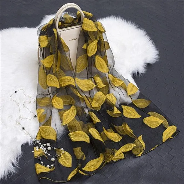 Sheer Wrap Leaves Embroidered Scarves