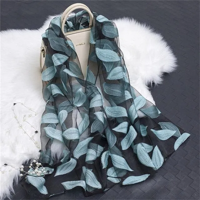 Sheer Wrap Leaves Embroidered Scarves