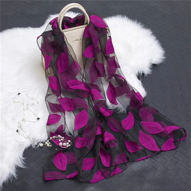 Sheer Wrap Leaves Embroidered Scarves