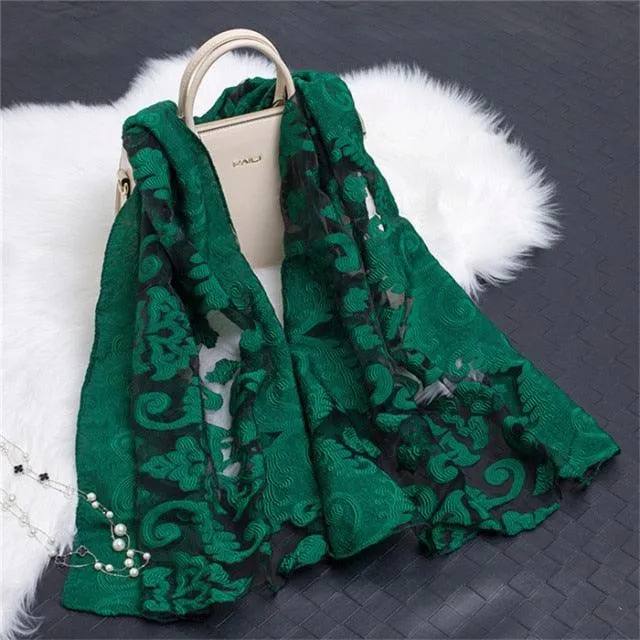 Sheer Wrap Leaves Embroidered Scarves