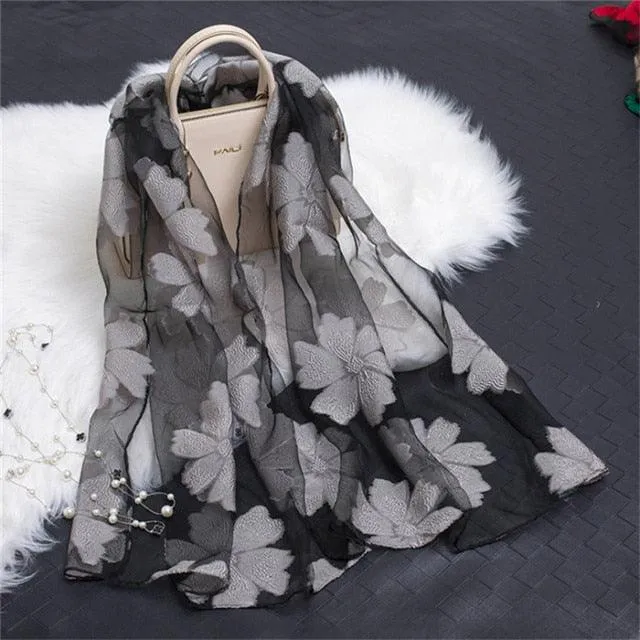 Sheer Wrap Leaves Embroidered Scarves