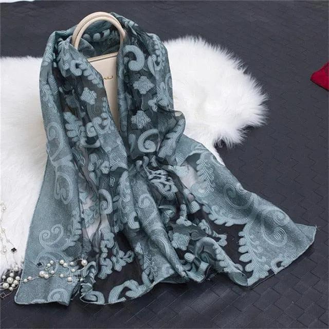 Sheer Wrap Leaves Embroidered Scarves