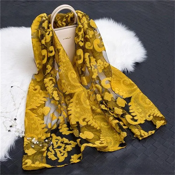 Sheer Wrap Leaves Embroidered Scarves