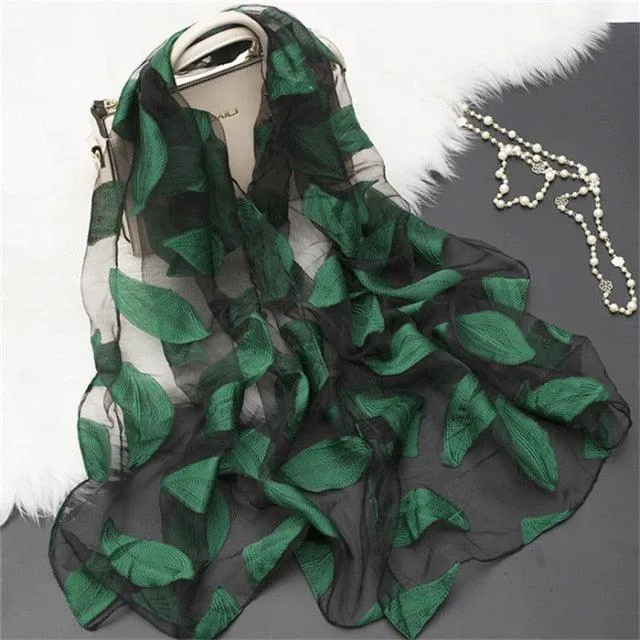 Sheer Wrap Leaves Embroidered Scarves