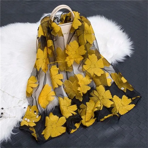 Sheer Wrap Leaves Embroidered Scarves