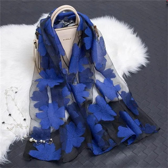 Sheer Wrap Leaves Embroidered Scarves