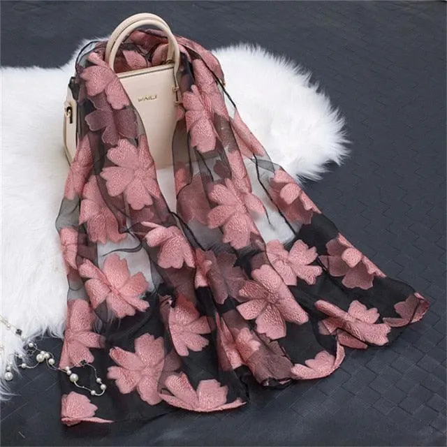 Sheer Wrap Leaves Embroidered Scarves