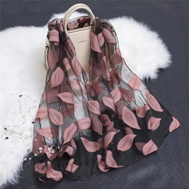 Sheer Wrap Leaves Embroidered Scarves