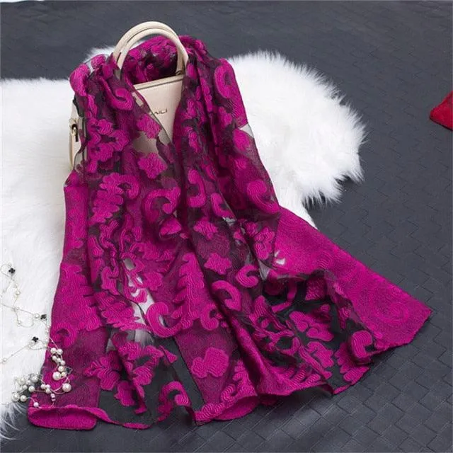 Sheer Wrap Leaves Embroidered Scarves