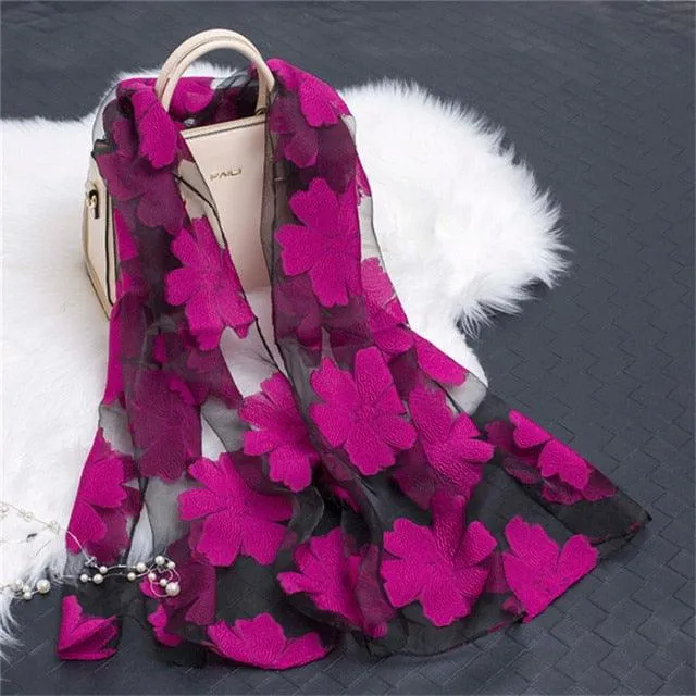 Sheer Wrap Leaves Embroidered Scarves