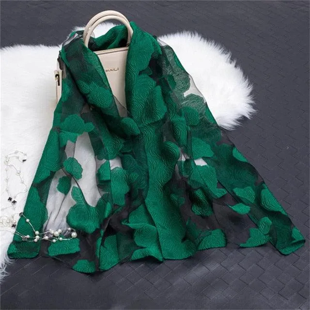 Sheer Wrap Leaves Embroidered Scarves