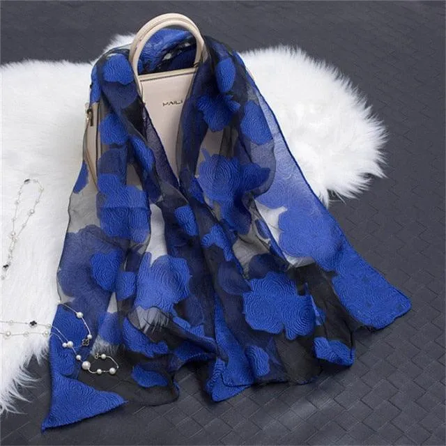 Sheer Wrap Leaves Embroidered Scarves