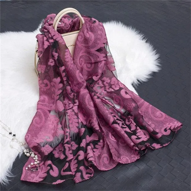 Sheer Wrap Leaves Embroidered Scarves