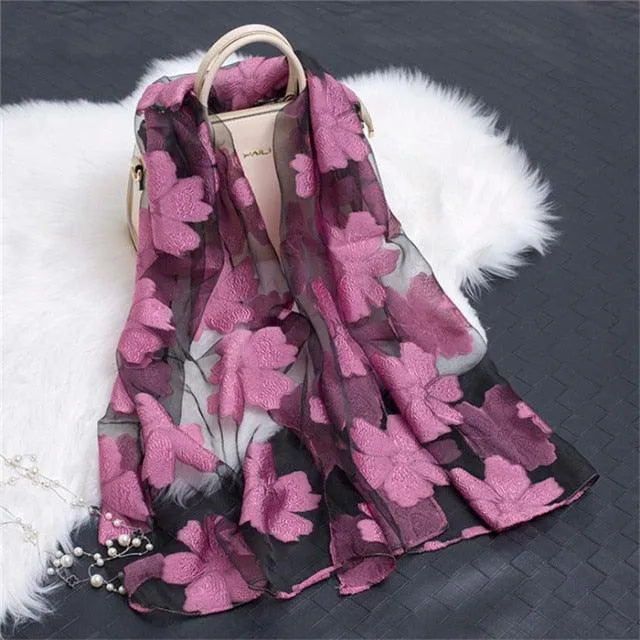 Sheer Wrap Leaves Embroidered Scarves