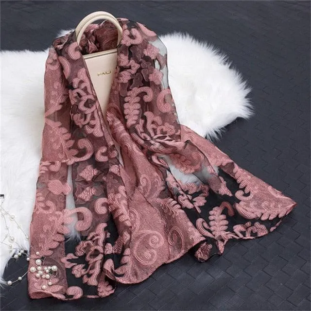 Sheer Wrap Leaves Embroidered Scarves