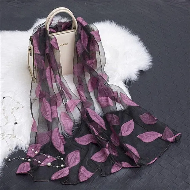 Sheer Wrap Leaves Embroidered Scarves