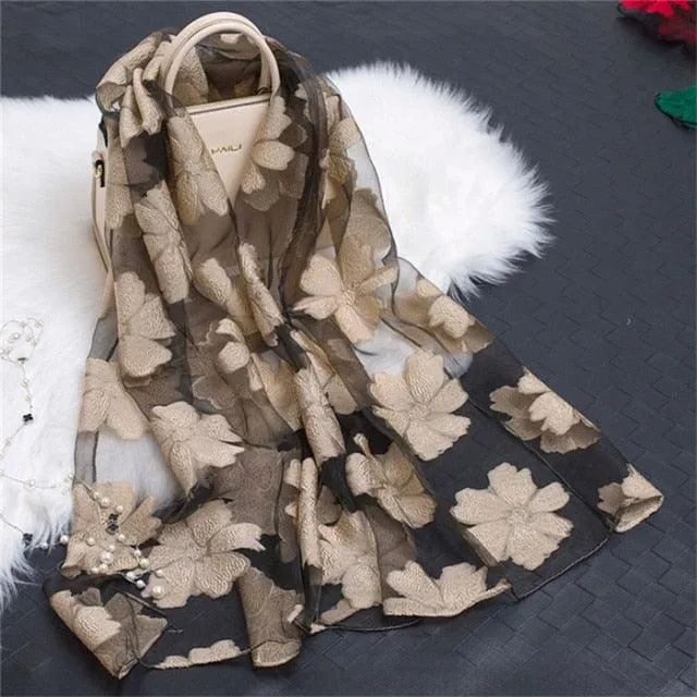 Sheer Wrap Leaves Embroidered Scarves