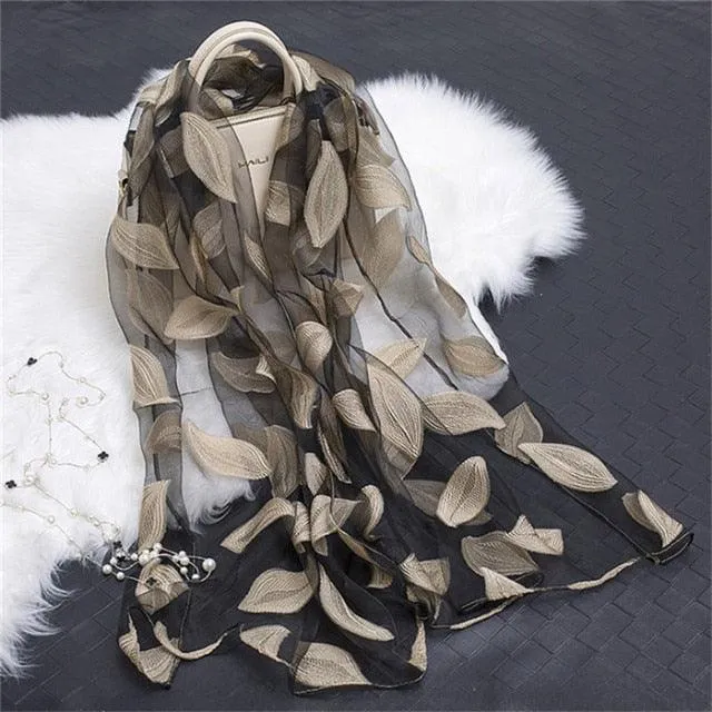 Sheer Wrap Leaves Embroidered Scarves