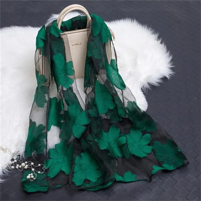 Sheer Wrap Leaves Embroidered Scarves