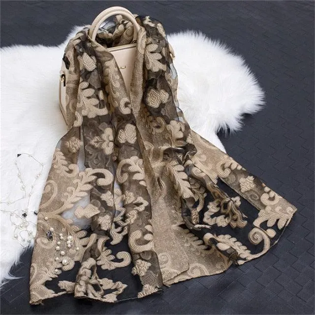 Sheer Wrap Leaves Embroidered Scarves