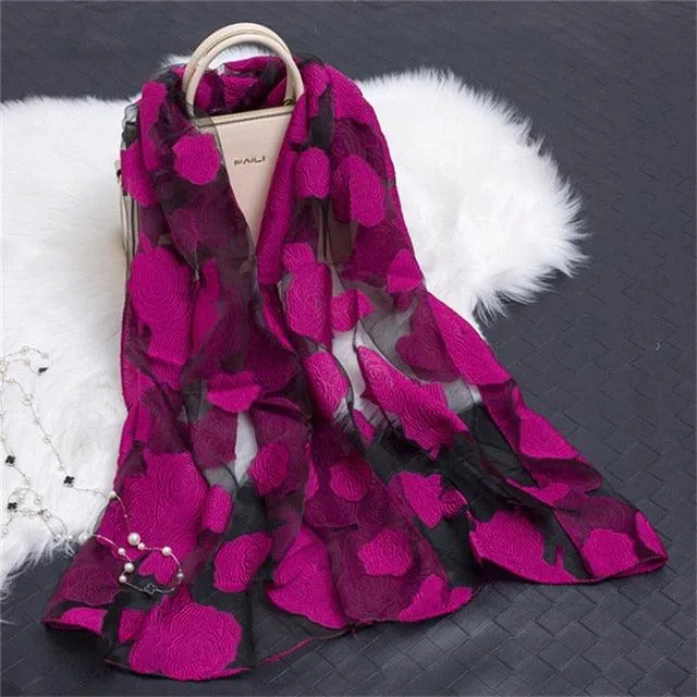 Sheer Wrap Leaves Embroidered Scarves