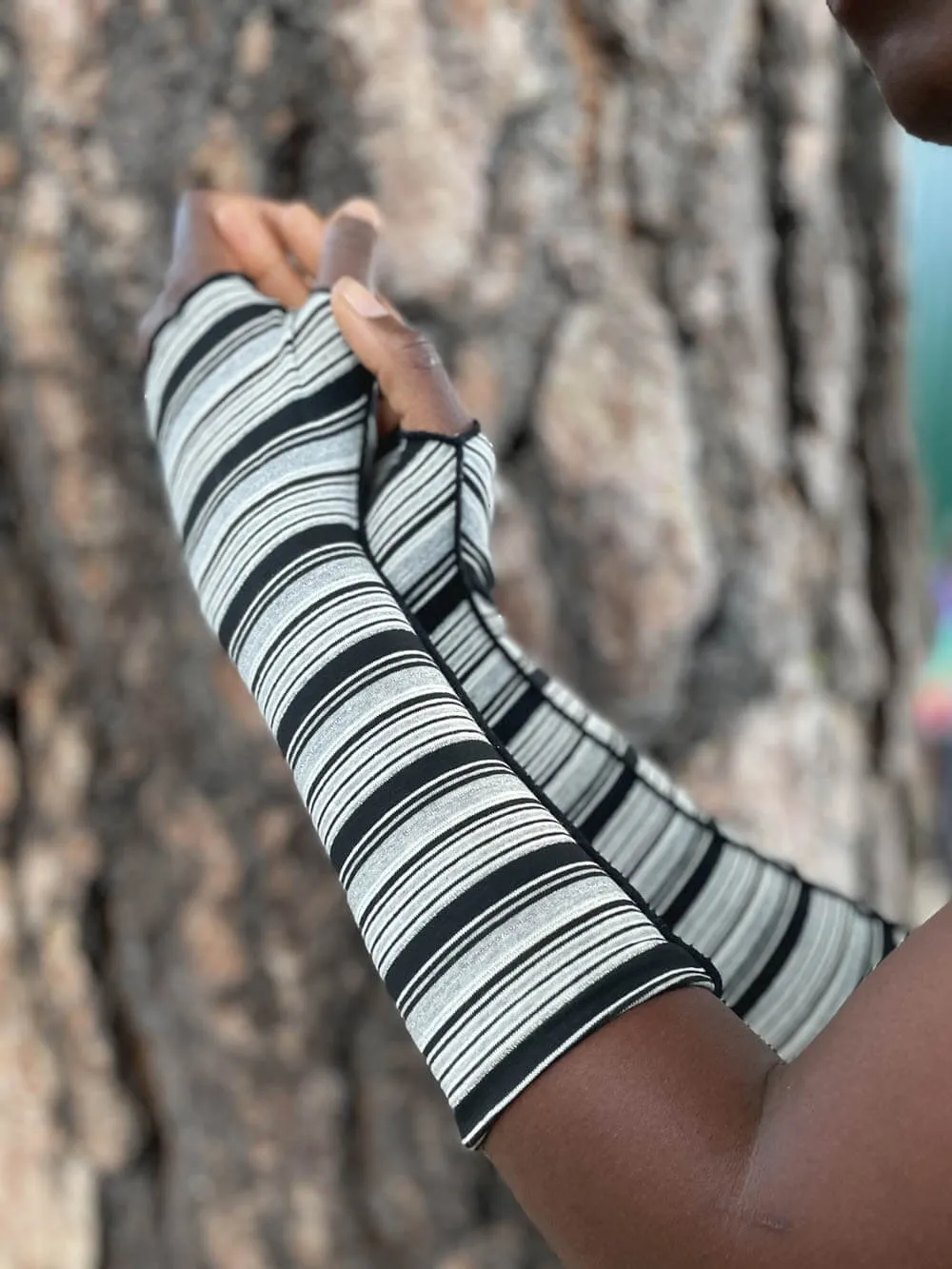 Striped Black White Fingerless Gloves