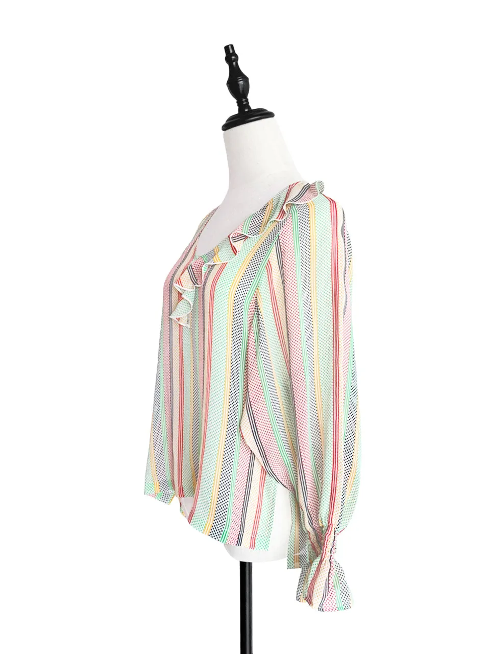 Surprise Sale! Mixed Stripy-Dots Slit Sleeve Lightweight Silky Ruffle Blouse