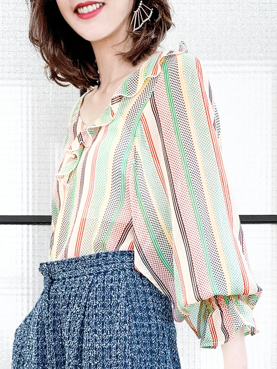 Surprise Sale! Mixed Stripy-Dots Slit Sleeve Lightweight Silky Ruffle Blouse