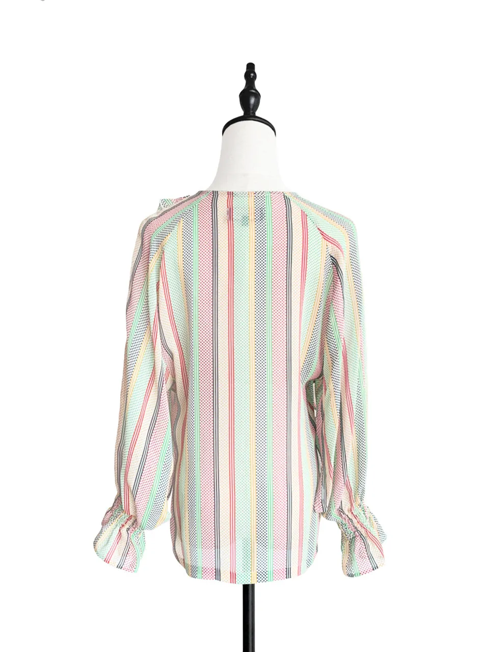 Surprise Sale! Mixed Stripy-Dots Slit Sleeve Lightweight Silky Ruffle Blouse