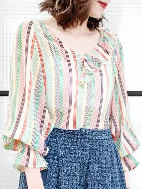 Surprise Sale! Mixed Stripy-Dots Slit Sleeve Lightweight Silky Ruffle Blouse